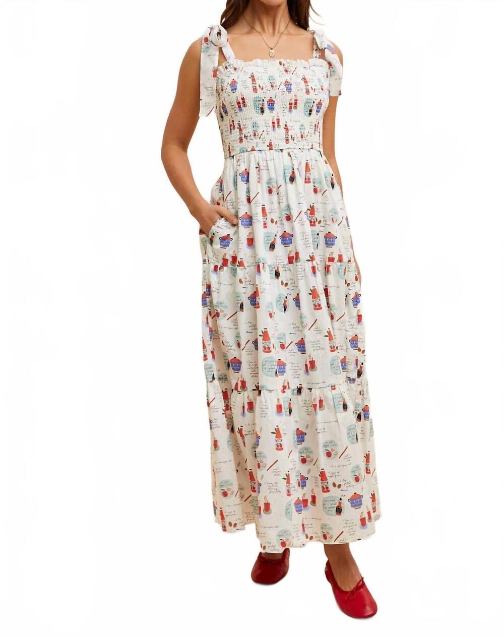 NEW IN-LOOM smocked maxi dress in bon appetit multi